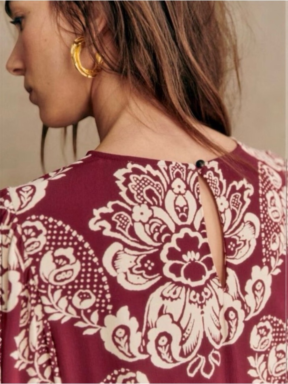 Sezane Burgundy and Cream Paisley Long-Sleeve Dress - Picture 3 of 7